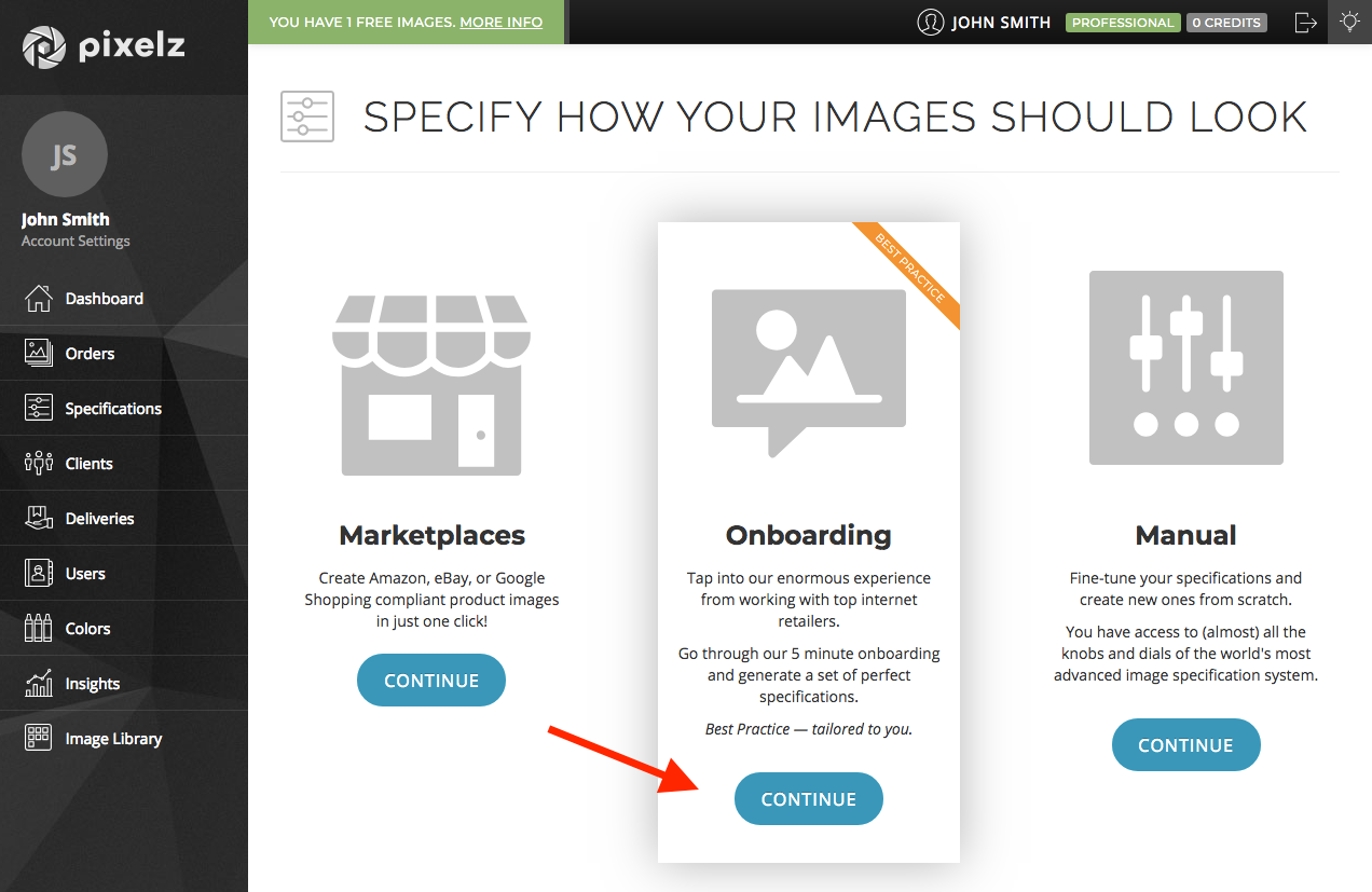 Screenshot of professional retouching service onboarding process options
